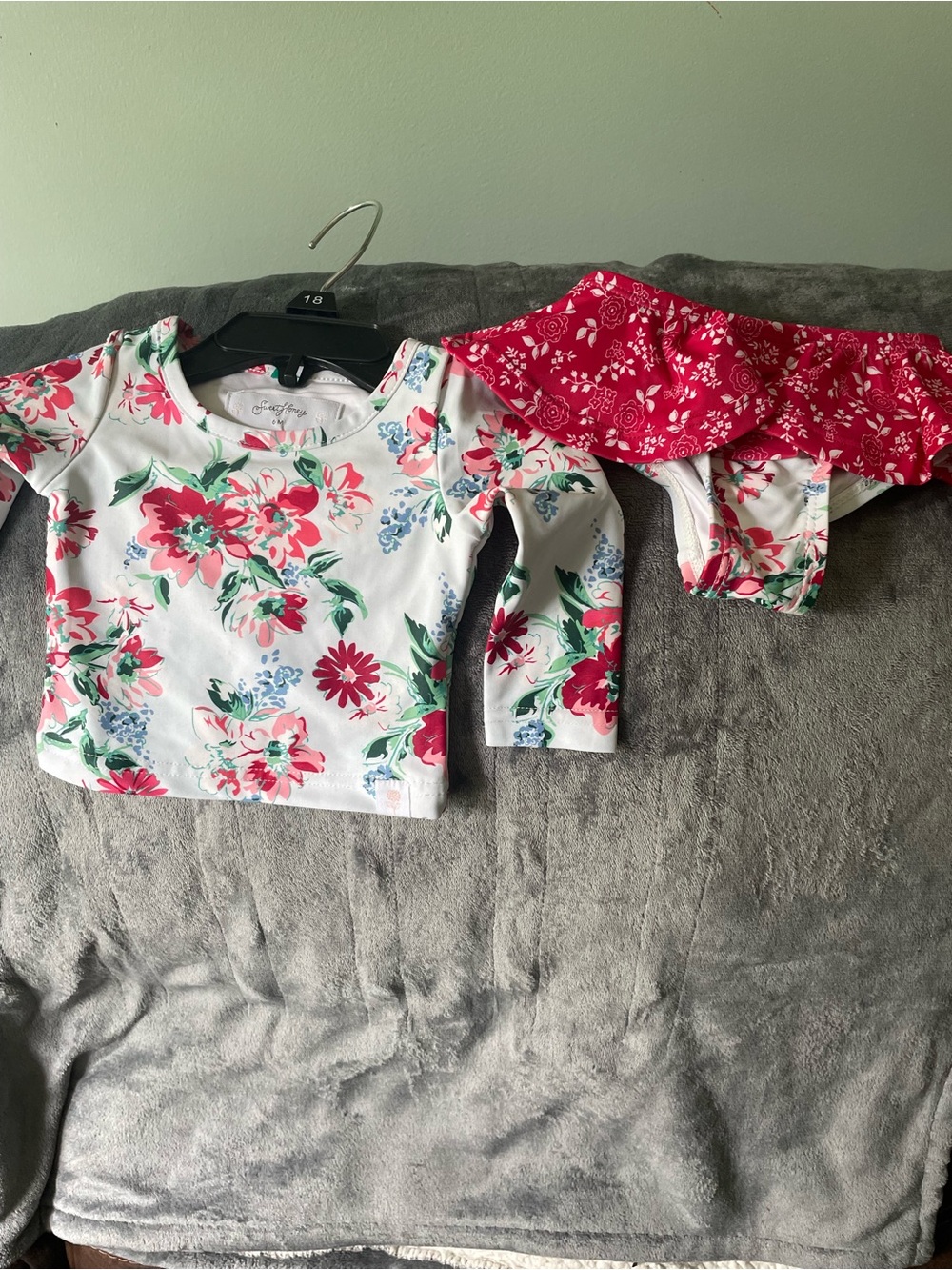 SweetHoney White Swim Top with Pink & Green Floral Ruffle bottoms sz 6mths